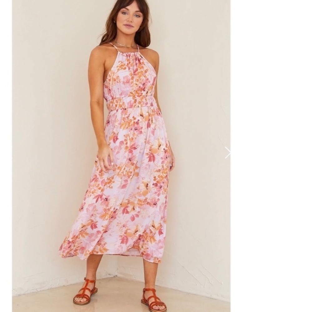 Bella Dahl Fiesta Pink Floral Halter Maxi Dress Smocked Waist Sleeveless Size L